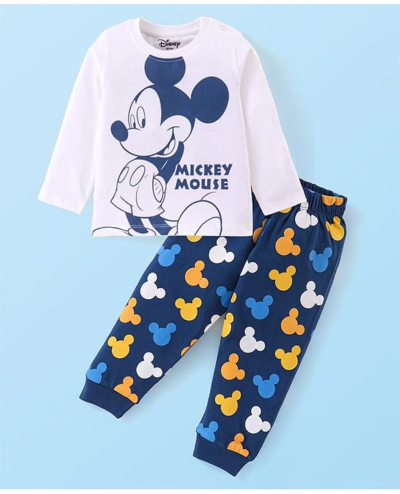 Babyhug Disney Single Jersey Knit Full Sleeves Night Suit With Mickey Mouse Graphics - White & Navy