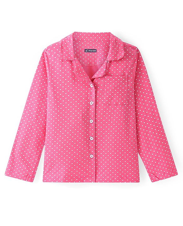 Pine Kids Cotton Knit Full Sleeves Collared Night Suit With Hearts Print - Dark Pink