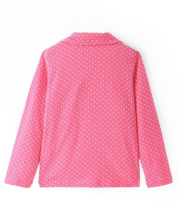Pine Kids Cotton Knit Full Sleeves Collared Night Suit With Hearts Print - Dark Pink