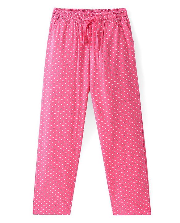 Pine Kids Cotton Knit Full Sleeves Collared Night Suit With Hearts Print - Dark Pink