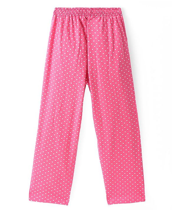 Pine Kids Cotton Knit Full Sleeves Collared Night Suit With Hearts Print - Dark Pink