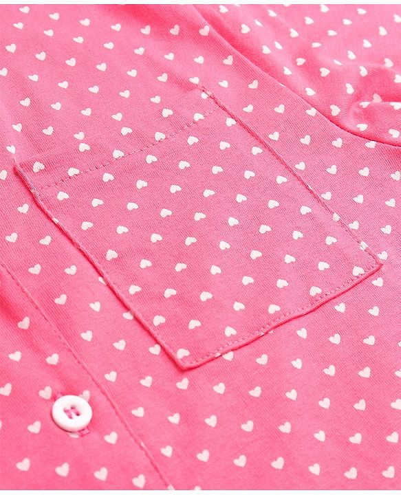 Pine Kids Cotton Knit Full Sleeves Collared Night Suit With Hearts Print - Dark Pink