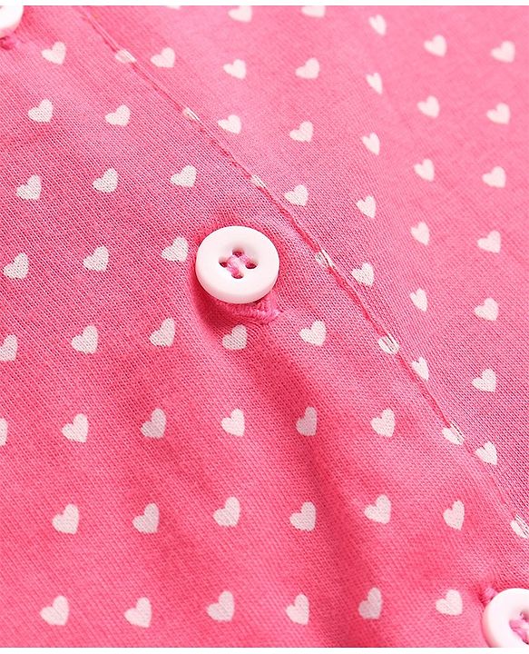 Pine Kids Cotton Knit Full Sleeves Collared Night Suit With Hearts Print - Dark Pink