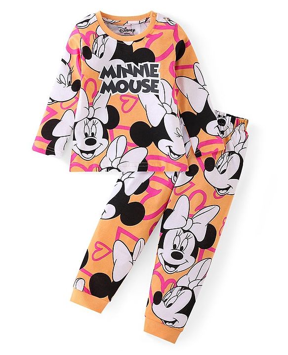 Babyhug Disney Single Jersey Knit Full Sleeves Night Suit with Minnie Mouse Graphics - Orange