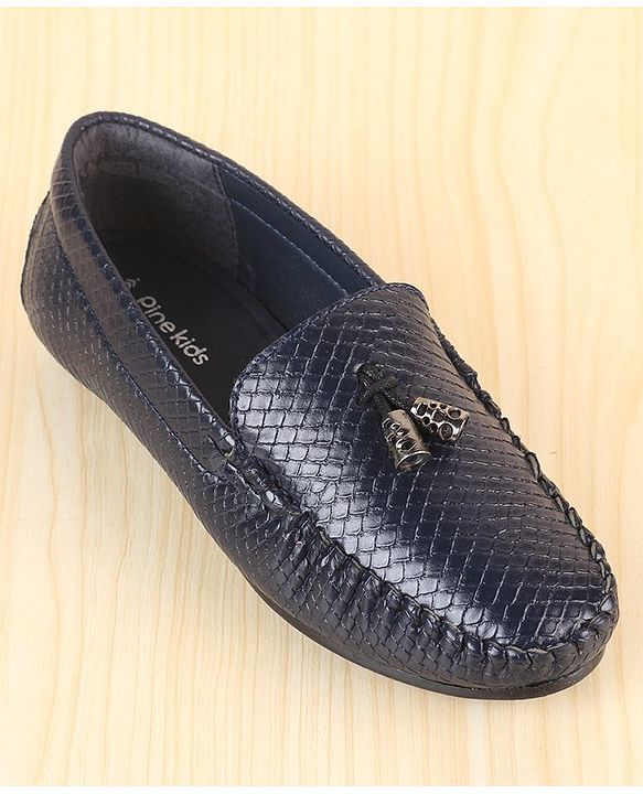 Pine Kids Slip On Loafers with Checkered Design & Appliques - Navy Blue