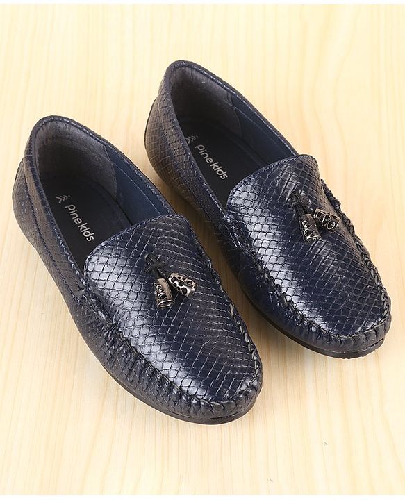 Pine Kids Slip On Loafers with Checkered Design & Appliques - Navy Blue