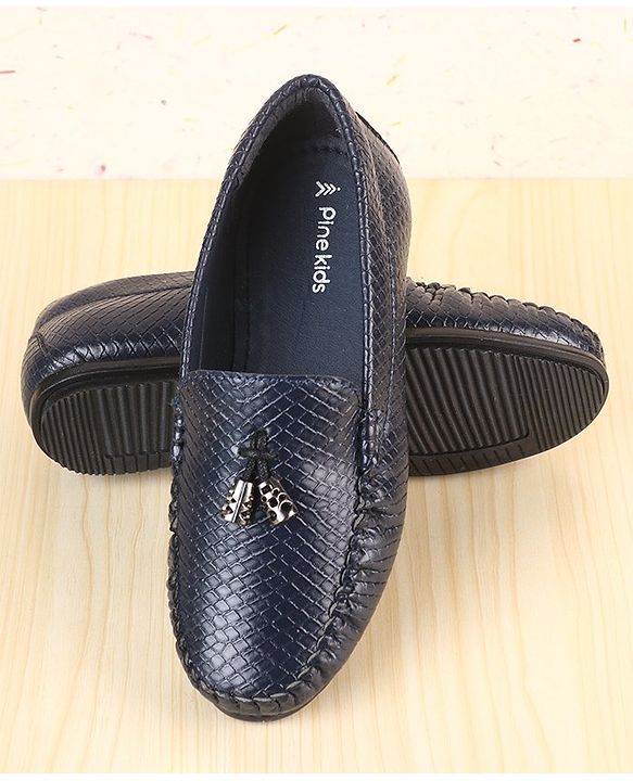 Pine Kids Slip On Loafers with Checkered Design & Appliques - Navy Blue