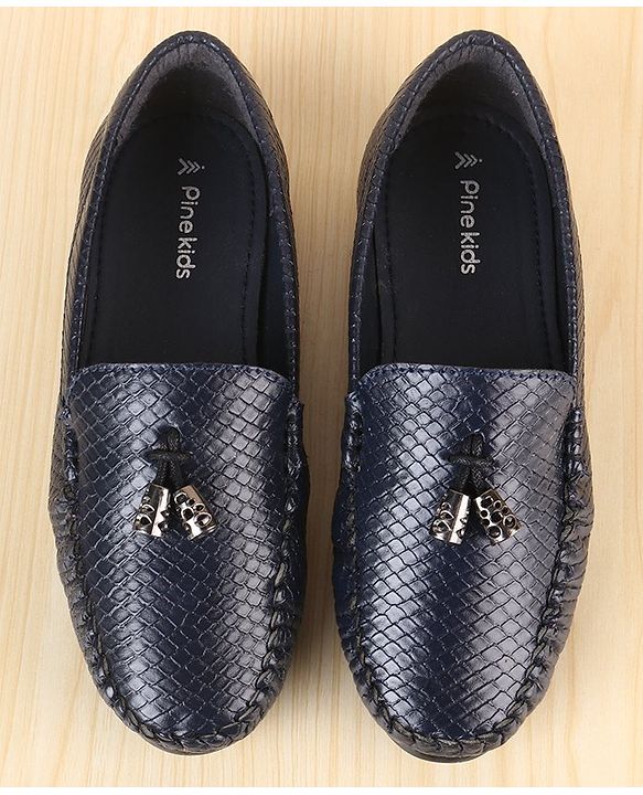 Pine Kids Slip On Loafers with Checkered Design & Appliques - Navy Blue