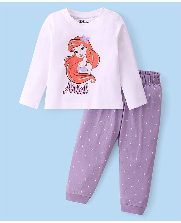 Babyhug Disney Single Jersey Knit Full Sleeves Night Suit With Disney Princess Ariel Graphics - White & Purple