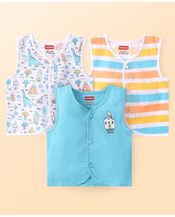 Babyhug 100% Cotton Woven Sleeveless Striped & Dino Printed Jhabla Pack of 3 - White & Blue