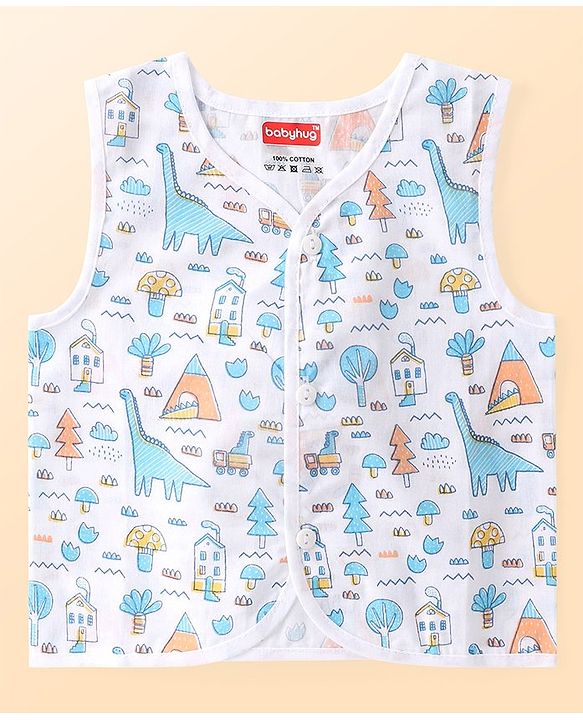 Babyhug 100% Cotton Woven Sleeveless Striped & Dino Printed Jhabla Pack of 3 - White & Blue