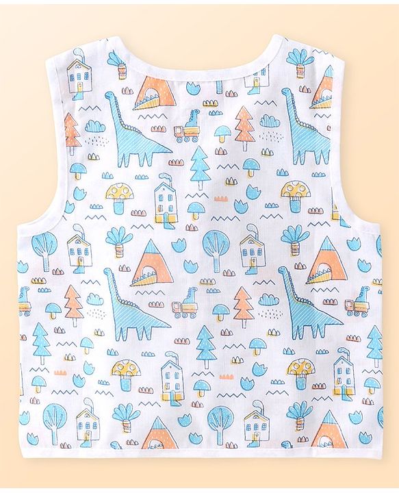 Babyhug 100% Cotton Woven Sleeveless Striped & Dino Printed Jhabla Pack of 3 - White & Blue