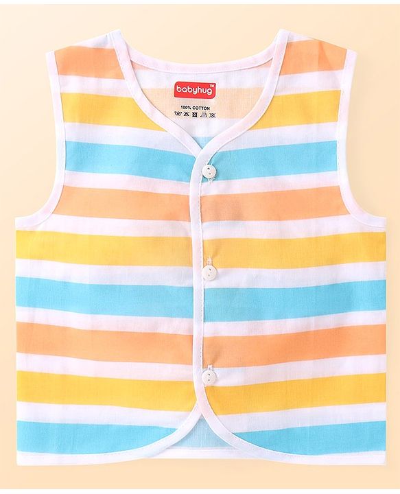 Babyhug 100% Cotton Woven Sleeveless Striped & Dino Printed Jhabla Pack of 3 - White & Blue