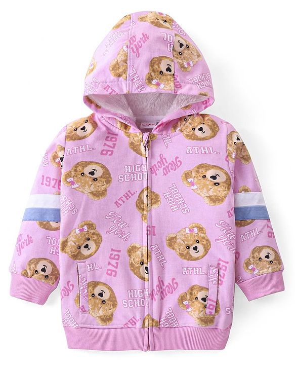 Babyhug Cotton Knit Full Sleeves Hooded Sweatjacket  with Bear Print & Front Zipper - Pink