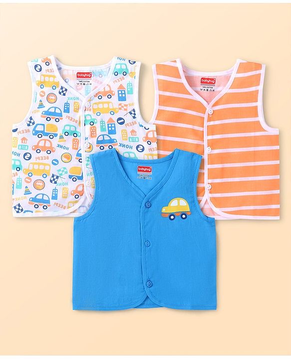 Babyhug 100% Cotton Knit Sleeveless Front Open Jhablas with Striped & Car Print  Pack of 3 - Orange White & Blue