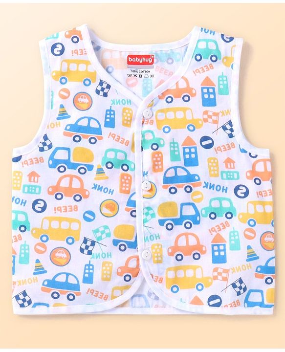 Babyhug 100% Cotton Knit Sleeveless Front Open Jhablas with Striped & Car Print  Pack of 3 - Orange White & Blue