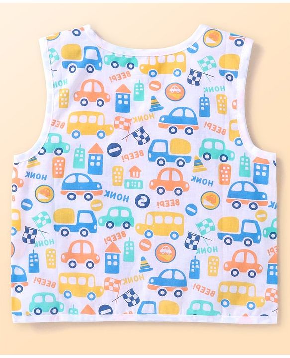 Babyhug 100% Cotton Knit Sleeveless Front Open Jhablas with Striped & Car Print  Pack of 3 - Orange White & Blue