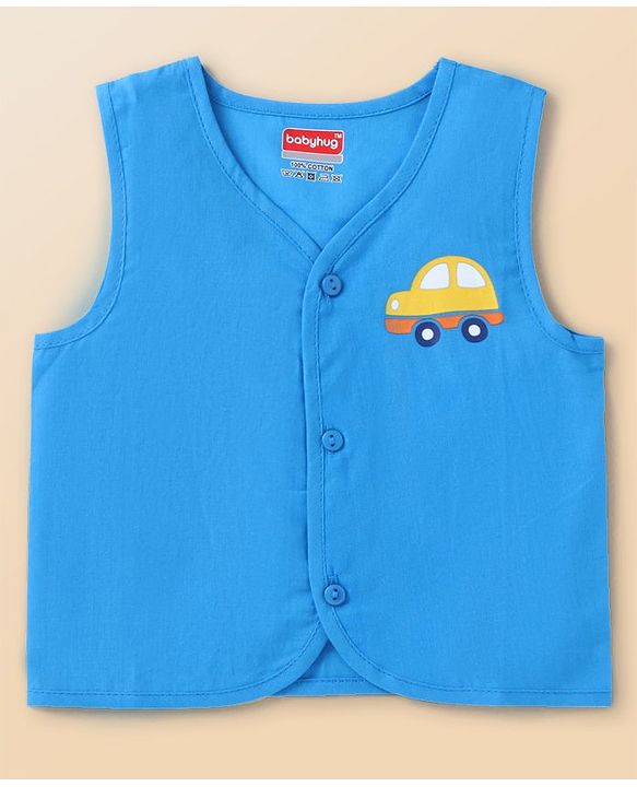 Babyhug 100% Cotton Knit Sleeveless Front Open Jhablas with Striped & Car Print  Pack of 3 - Orange White & Blue