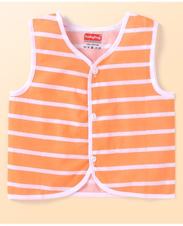 Babyhug 100% Cotton Knit Sleeveless Front Open Jhablas with Striped & Car Print  Pack of 3 - Orange White & Blue