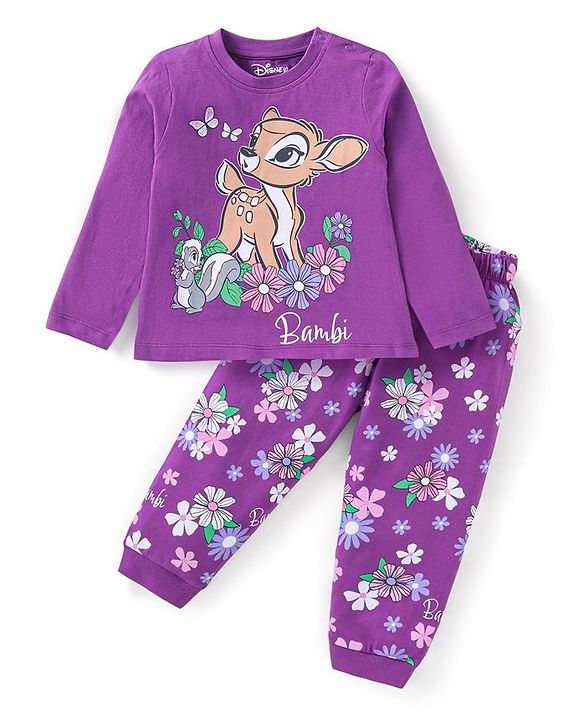 Babyhug Disney Single Jersey Knit Full Sleeves Night Suit with Bambi Print - Purple