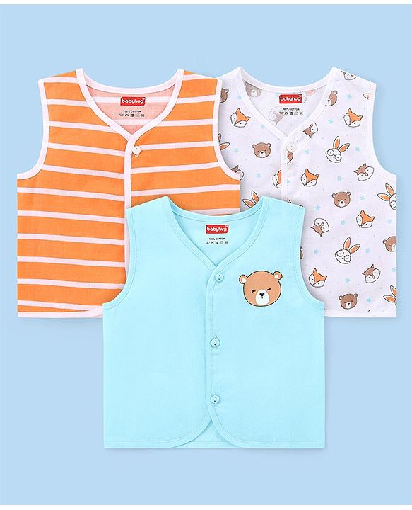 Babyhug 100% Cotton Woven Sleeveless  Jhablas Bunny & Bear Print Pack of 3 - Blue Orange & White