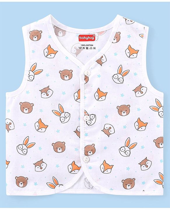 Babyhug 100% Cotton Woven Sleeveless  Jhablas Bunny & Bear Print Pack of 3 - Blue Orange & White