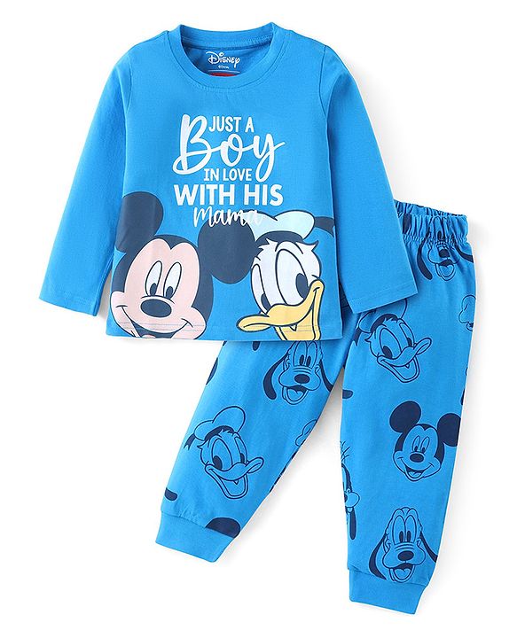 Babyhug Disney Single Jersey Knit Full Sleeves Night Suit With Mickey Mouse & Friends Graphics - Navy