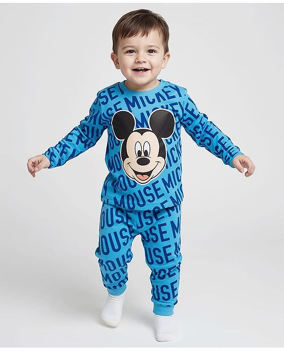 Babyhug Disney Single Jersey Knit Full Sleeves Night Suit With Mickey Mouse Graphic - Blue