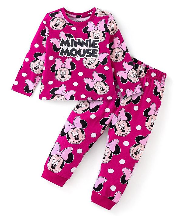 Babyhug Disney Cotton Knit Full Sleeves Night Suit with Minnie Mouse Print - Purple