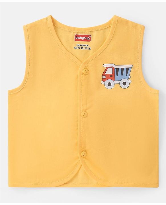Babyhug 100% Cotton Woven Sleeveless Striped & Vehicles Printed Jhabla Pack of 3 - White & Yellow