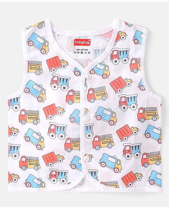 Babyhug 100% Cotton Woven Sleeveless Striped & Vehicles Printed Jhabla Pack of 3 - White & Yellow