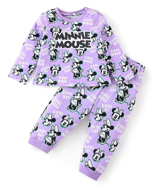 Babyhug Disney Cotton Knit Full Sleeves Night Suit with Minnie Mouse Print - Purple