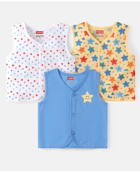 Babyhug 100% Cotton Woven Sleeveless Stars  Printed Jhabla Pack of 3 - White Yellow & Blue