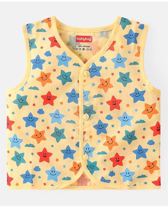 Babyhug 100% Cotton Woven Sleeveless Stars  Printed Jhabla Pack of 3 - White Yellow & Blue