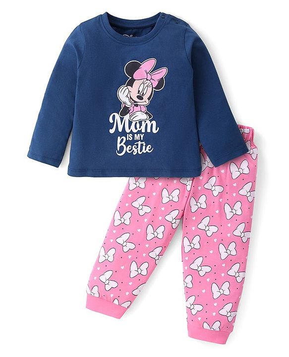 Babyhug Disney Cotton Knit Full Sleeves Night Suit With Minnie Mouse Graphics - Navy Blue & Pink