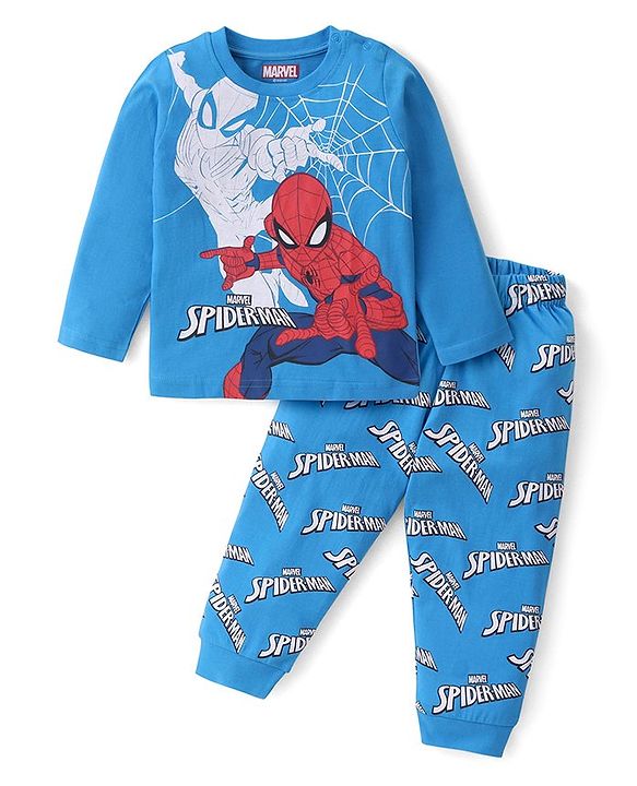 Babyhug Marvel Single Jersey Full Sleeves Pyjama Set With Spider Man Graphics - Blue
