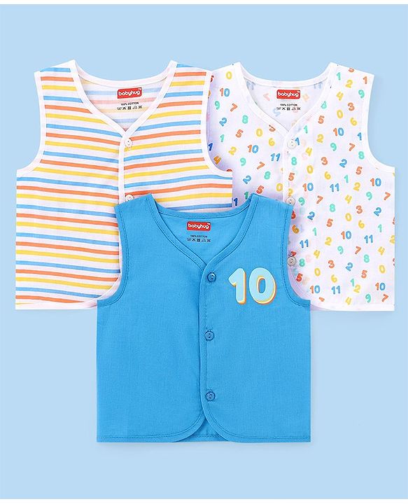 Babyhug 100% Cotton Woven Sleeveless  Jhablas Numbers Print Pack of 3 - Blue & White