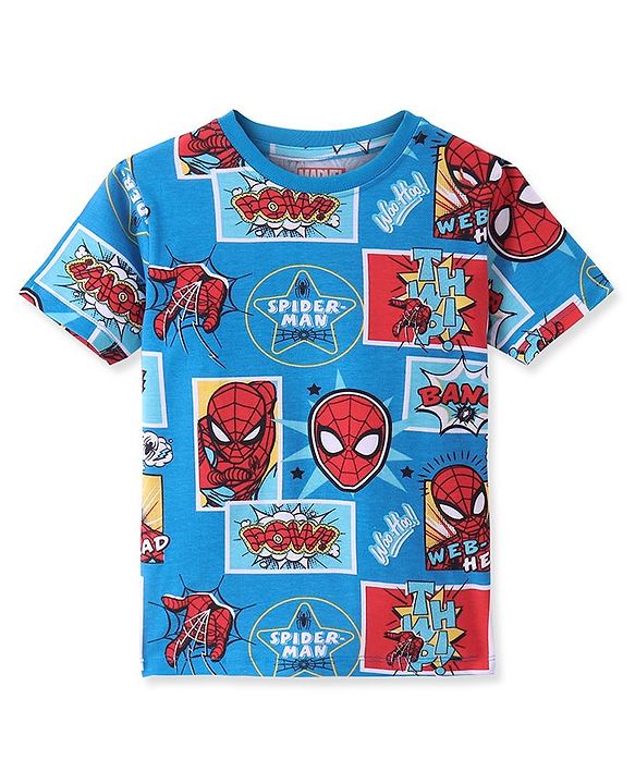 Pine Kids Marvel Single Jersey Knit Half Sleeves T-Shirt With Spider Man All over Print - Multicolor