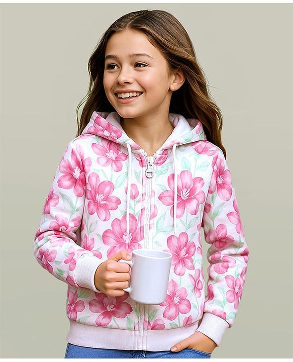 Pine Kids Cotton Knit Full Sleeves Hooded Sweatjacket with Floral Print - White