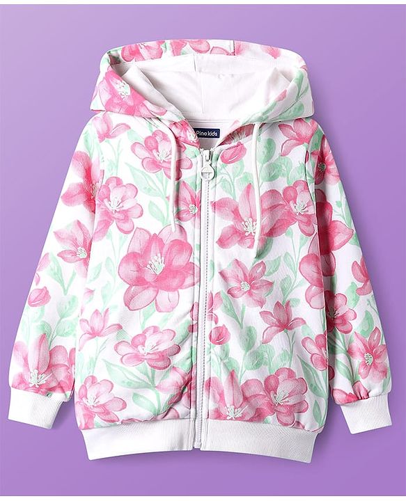 Pine Kids Cotton Knit Full Sleeves Hooded Sweatjacket with Floral Print - White