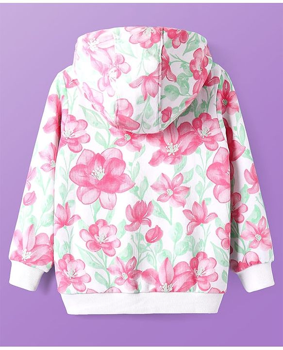 Pine Kids Cotton Knit Full Sleeves Hooded Sweatjacket with Floral Print - White