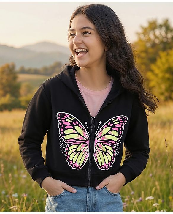 Pine Kids Cotton Knit Full Sleeves Hooded Sweatjacket with Butterfly Print - Black