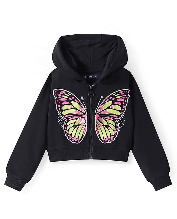 Pine Kids Cotton Knit Full Sleeves Hooded Sweatjacket with Butterfly Print - Black
