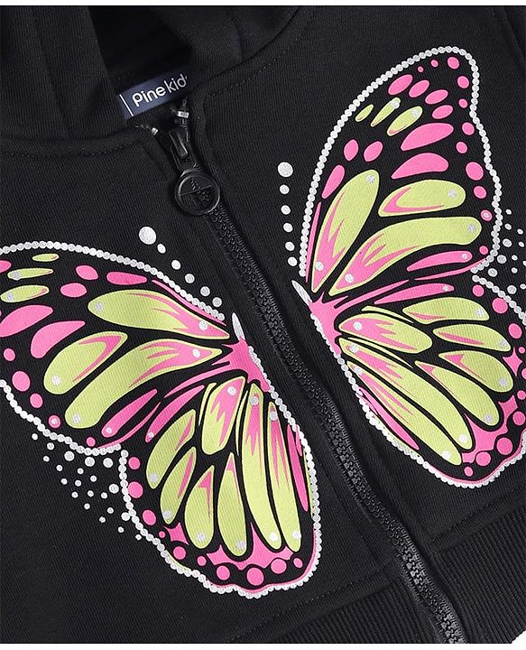 Pine Kids Cotton Knit Full Sleeves Hooded Sweatjacket with Butterfly Print - Black
