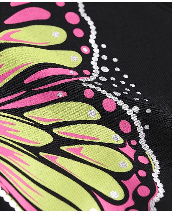 Pine Kids Cotton Knit Full Sleeves Hooded Sweatjacket with Butterfly Print - Black
