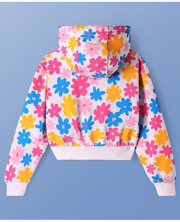 Pine Kids Cotton Knit Full Sleeves Hooded Sweat Jacket With Floral & Text Print - White