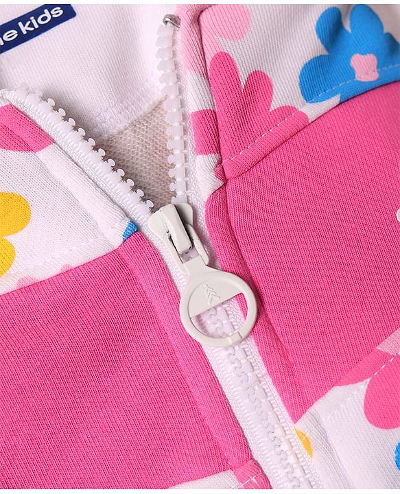 Pine Kids Cotton Knit Full Sleeves Hooded Sweat Jacket With Floral & Text Print - White