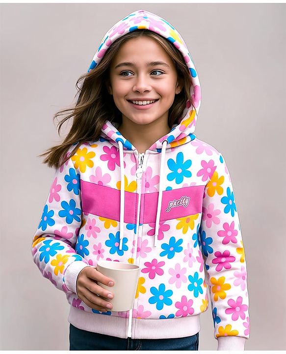 Pine Kids Cotton Knit Full Sleeves Hooded Sweat Jacket With Floral & Text Print - White