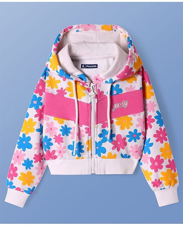 Pine Kids Cotton Knit Full Sleeves Hooded Sweat Jacket With Floral & Text Print - White