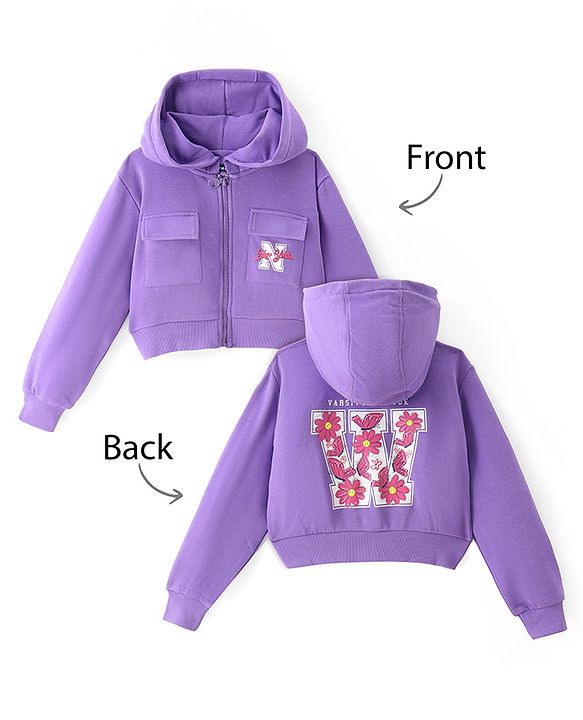 Pine Kids Cotton Knit Full Sleeves Front Open Hooded Sweatjacket with Front Back Floral & Text Print Print - Purple